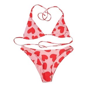 Zaful Valentine Heart Print Pink Red Bikini Swimsuit Size M